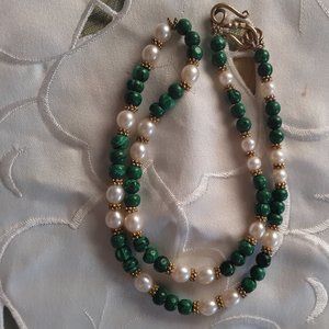 Necklace, malachite and freshwater pearl
